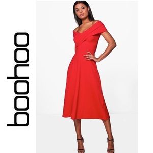 BOOHOO• Red Zoe Off the Shoulder Midi Skater Dress
